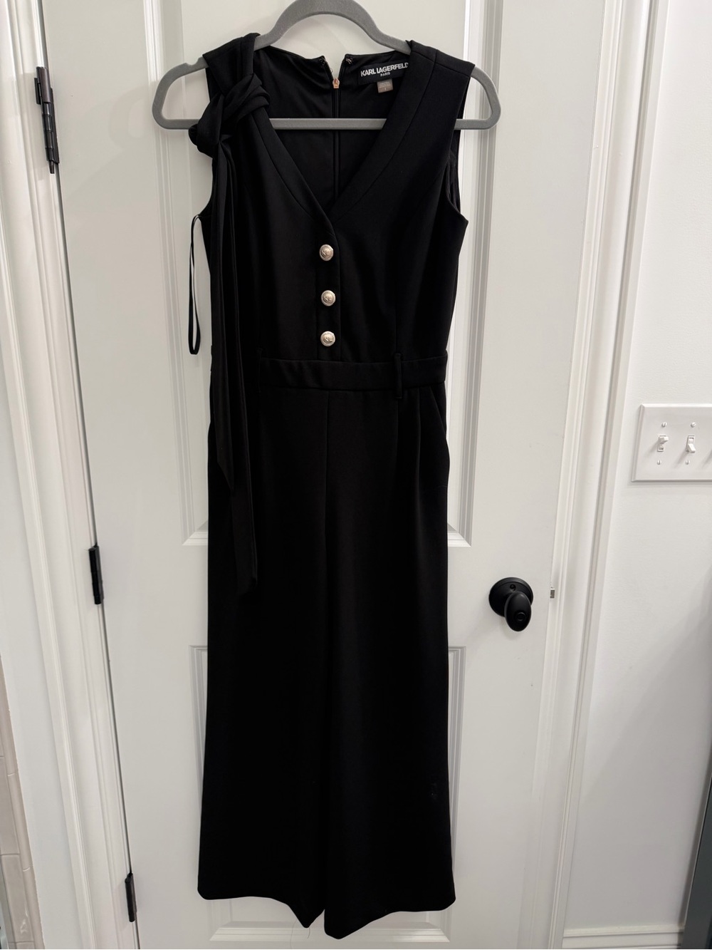 Karl Lagerfeld Black One-Shoulder V-Neck Dress with Pearl Buttons